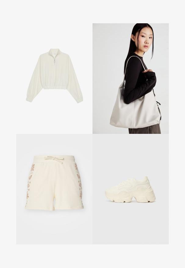 Kreminės spalvos trumpas megztinis, turintis aukštą apykaklę, pusiau užtrauktuką, elastinį apačią irRankovių kraštus, su lygiu paviršiumi ir minimalizuotu dizainu.; Grietos spalvos banguoti šortai su raišteliu juosmens srityje, šonuose puošti dekoratyviniais rudos spalvos gėlių ir geometriniais raštais.; Masyvios baltos sportbačiai, pagaminti iš tekstūruoto tinklelio ir sintetinių medžiagų, pasižymintys storu padu ir išsamiu raštų detalizavimu šonuose.; Bežinė rankinė, pagaminta iš minkštos medžiagos, turinti laisvą dizainą, siuvinėtas detalės ir dvi petnešos. Tinkama kasdieniam naudojimui.