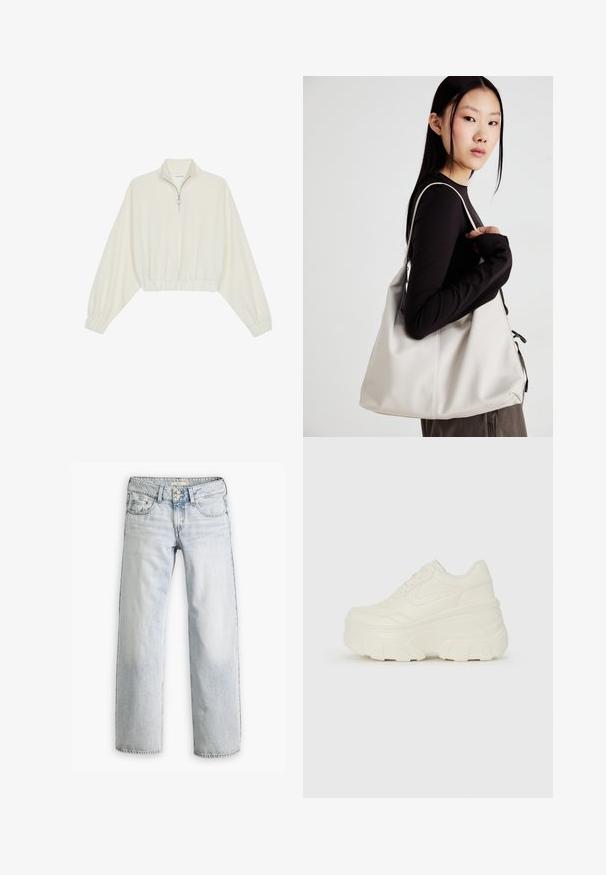 Pulover scurt din stofă crem, cu guler înalt, închidere cu fermoar pe jumătate, elastic la margini și la manșete, cu o textură netedă și un design minimalist.; Jeans din denim de un albastru deschis, cu o croială lejeră, talie înaltă și un design cu cinci buzunare. Prezintă detalii de cusătură și o închidere cu nasture.; Adidași platformă albi, cu un superior neted asemănător cu pielea, formă rotunjită, guler căptușit și talpă din cauciuc texturată cu borduri bine definite.; Geantă bej din material moale, cu un design lejer, detalii cusute și două bretele pentru umăr. Potrivită pentru utilizarea zilnică.