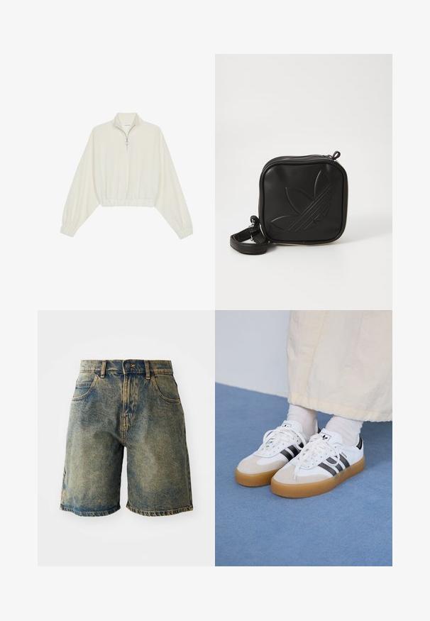 Skraćeni pulover od kremastog materijala, s visokim ovratnikom, zatvaranjem na polovicu munje, elastičnim rubom i manžetama, s glatkom teksturom i minimalnim dizajnom.; Traper šorts u izblijedjelo plavoj boji, s pet džepova, kopčanjem na dugme i frikiranim rubovima, s lagano izlizanim izgledom.; Bjele tenisice s crnim prugama i bež suknjom. Imaju teksturiranu gumu potplat i ravne bijele vezice, nošene uz svijetle čarape.; Crna kvadratna torbica preko tijela napravljena od teksturiranog sintetičkog materijala. Ima urezani dizajn logotipa i podesivu traku. Zatvaranje na patentni zatvarač.