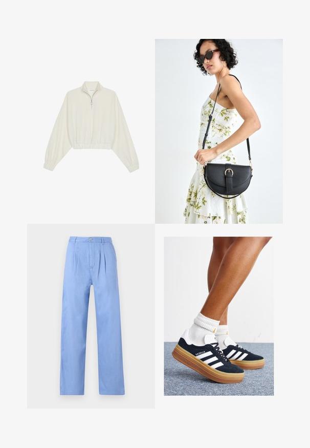 Pullover court en tissu crème, avec un col haut, fermeture éclair à mi-hauteur, ourlet et poignets élastiqués, offrant une texture lisse et un design minimaliste.; Pantalons en lin bleu clair avec une finition plissée à l'avant, taille haute et coupe droite. Présente une fermeture à bouton à la taille.; Baskets en daim noir avec des rayures et des accents blancs, bout arrondi, semelle extérieure en caoutchouc gomme, associées à des chaussettes blanches côtelées mi-mollet.; Sac à main en cuir noir avec une forme courbée, bandoulière amovible et des accessoires en or. Le sac est doté d'un rabat avec un détail de boucle.