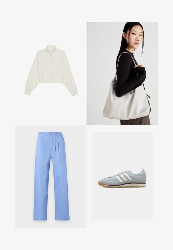 Zkrácený svetr z krémové látky, který má vysoký límec, poloviční zip, elastický spodní lem a manžety, hladkou texturu a minimalistický design.; Svetle modré lněné kalhoty s skládacím předním dílem, vysokým pasem a rovnými nohavicemi. Disponují zapínáním na knoflík v pase.; Světlou modrou semišovou tenisku s bílými třemi pruhy, gumovou podrážkou a texturovanou mřížkou. Obsahuje hladký kryt špičky a branding na patě.; Beige kabelka vyrobená z měkkého materiálu, s volným designem, prošívanými detaily a dvěma ramenními popruhy. Vhodná pro každodenní použití.