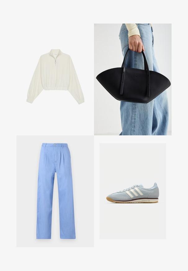 Pulover scurt din stofă crem, cu guler înalt, închidere cu fermoar pe jumătate, elastic la margini și la manșete, cu o textură netedă și un design minimalist.; Pantaloni din in de culoare albastru deschis, cu față pliată, talie înaltă și croială dreaptă. Prezintă un sistem de închidere cu buton la talie.; Adidași din suede albastru deschis cu trei dungi albe, talpă din cauciuc și plasă texturată. Dispune de o vârf neted și un logo pe toc.; Geantă de piele neagră cu o formă unică de evantai, având mânere plate. Suprafața are o textură cu mici granule și un design minimalist.