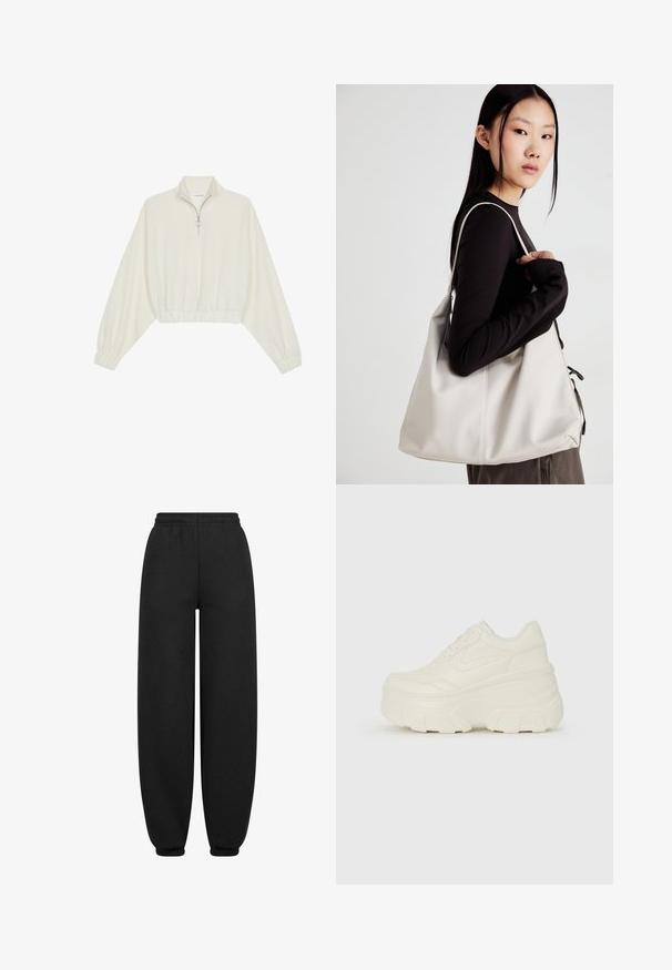 Krém színű, rövidített pulóver, magas gallérral, félig cipzáros záródással, elasztikus derék- és ujjakrésszel, sima textúrával és minimalista dizájnnal.; Fekete, laza szabású melegítőnadrág elasztikus derékkal és szűkített szárakkal. Puha, sima anyagból készült, látható minták nélkül.; Fehér platform sportcipők, sima bőrszerű felsőrésszel, kerek formával, párnázott bokával és texturált gumitalppal, jól definiált mintázattal.; Puha anyagból készült bézs kézitáska, laza dizájnnal, varrott részletekkel és két vállpánttal. Mindennapi használatra alkalmas.