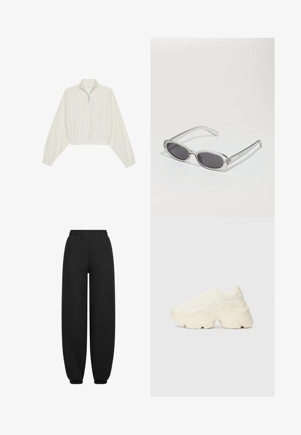 Kort genser i kremfarget stoff, med høy krage, halv glidelås, elastisk nederste kant og mansjetter, med en glatt tekstur og minimalistisk design.; Sorte joggebukser med avslappet passform, elastisk midje og avsmalnende mansjetter. Laget av et mykt, glatt stoff uten synlige mønstre.; Chunky hvite sneakers laget av teksturert mesh og syntetiske materialer, med en tykk såle og intrikate mønsterdetaljer langs sidene.; Solbriller med oval form, klar plastramme, mørkegrå linser og tynne gjennomsiktige armer med logopunksjoner og minimal detaljering.