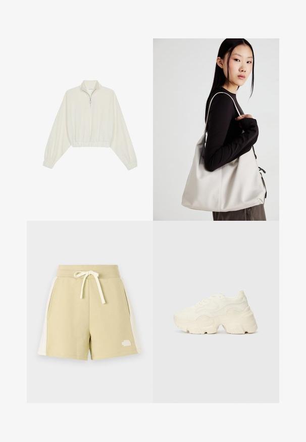 Cropped pullover in cream fabric, featuring a high collar, half-zip closure, elasticated hem and cuffs, with a smooth texture and minimal design.; Light olive green shorts made of soft fabric, featuring side pockets, elastic waistband with drawstring, and a white logo on the left leg.; Chunky white sneakers made of textured mesh and synthetic materials, featuring a thick sole and intricate pattern details along the sides.; Beige handbag made of soft material, featuring a slouchy design, stitched detailing, and two shoulder straps. Suitable for everyday use.