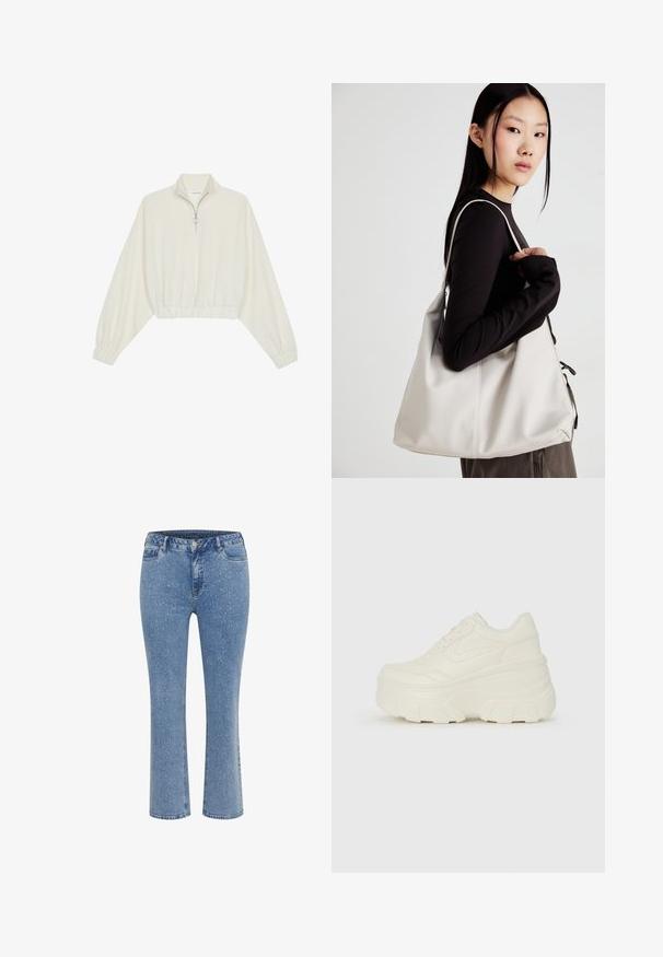 Kreminės spalvos trumpas megztinis, turintis aukštą apykaklę, pusiau užtrauktuką, elastinį apačią irRankovių kraštus, su lygiu paviršiumi ir minimalizuotu dizainu.; Šviesiai mėlyni džinsai su tiesiu kirpimu, turintys dėmėto rašto, klasikinį penkių kišenių stilių ir mygtuko užsegimą juosmenyje.; Baltos platformos sportbačiai su lygiu odos primenančiu paviršiumi, apvalia forma, paminkštintu apykakle ir tekstūruotu guminiu padu su ryškiais protektoriais.; Bežinė rankinė, pagaminta iš minkštos medžiagos, turinti laisvą dizainą, siuvinėtas detalės ir dvi petnešos. Tinkama kasdieniam naudojimui.