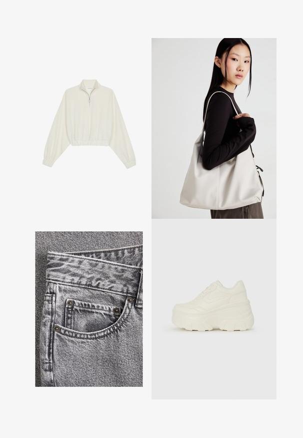 Kreptais pusītes džemperis krēmkrāsā, ar augstu apkakli, puszipa aizdari, elastīgu apakšmalu un aprocēm, ar gludu tekstūru un minimālistisku dizainu.; Pelēki džinsi no denima ar strukturētu apdari, kuriem ir priekšējais kabata ar metāla kniedēm un kontrastējošā šuvē.; Baltie platformas sporta apavi, kas izgatavoti no gludas mākslīgās ādas, ar noapaļotu formu, mīkstu apkakli un teksturētu gumijas zoli ar izteiktiem rakstiem.; Bežs rokassoma, izgatavota no mīksta materiāla, ar brīvu dizainu, izšūtu apdari un divām plecu siksnām. Piemērota ikdienas lietošanai.