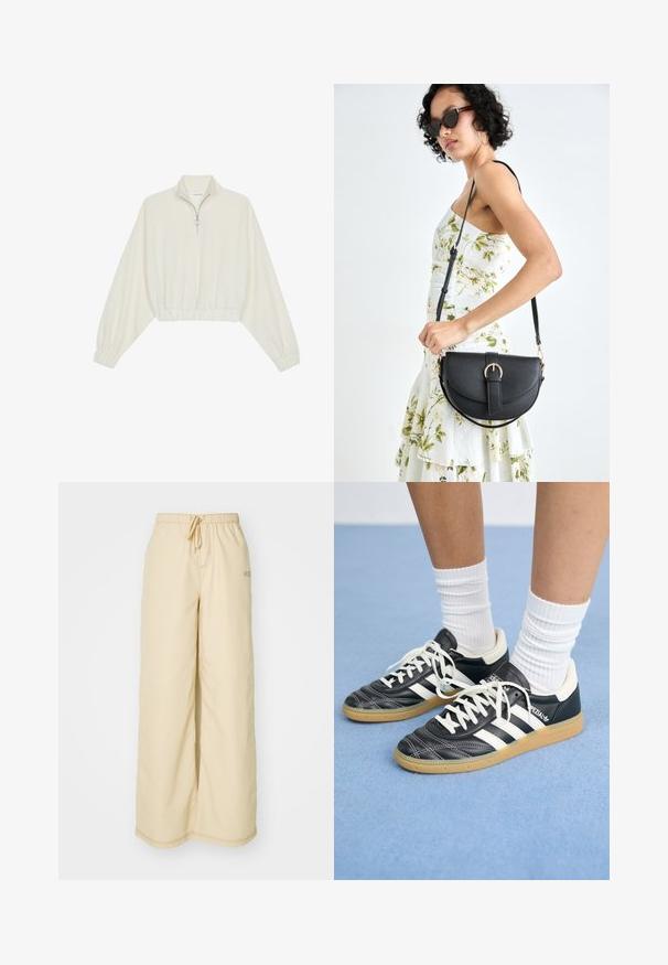 Zkrácený svetr z krémové látky, který má vysoký límec, poloviční zip, elastický spodní lem a manžety, hladkou texturu a minimalistický design.; Beige široké kalhoty vyrobené z měkké tkaniny, s elastickým pasem a stahovací šňůrkou, bočními kapsami a decentními švy.; Černé kožené tenisky s bílými pruhy, kulatou špičkou, bílými tkaničkami a gumovou podrážkou. Zvýrazněno polstrovaným límcem a detaily s logem.; Černá kožená kabelka s křivkovým tvarem, odnímatelným popruhem a zlatými detaily. Kabelka má klopu s přezkou.