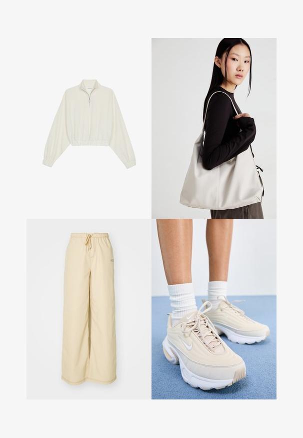 Kreminės spalvos trumpas megztinis, turintis aukštą apykaklę, pusiau užtrauktuką, elastinį apačią irRankovių kraštus, su lygiu paviršiumi ir minimalizuotu dizainu.; Sofos, kreminės spalvos, plačios kelnės, pagamintos iš minkštos medžiagos, su elastinga juosta ir raišteliu, šoninėmis kišenėmis ir subtiliomis siūlų detalėmis.; Kreminiai sportiniai batai su tekstūruota viršūne, baltais raišteliais ir storu baltu padu. Dizainas pasižymi subtiliomis kreivėmis ir nedideliu logotipu.; Bežinė rankinė, pagaminta iš minkštos medžiagos, turinti laisvą dizainą, siuvinėtas detalės ir dvi petnešos. Tinkama kasdieniam naudojimui.