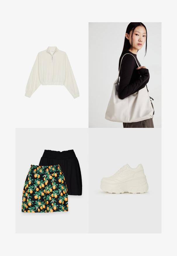 Cropped pullover in cream fabric, featuring a high collar, half-zip closure, elasticated hem and cuffs, with a smooth texture and minimal design.; Black and patterned shorts; black pair with a smooth texture, orange patterned pair featuring green leaves and bright orange fruit.; White platform sneakers featuring a smooth leather-like upper, rounded shape, padded collar, and textured rubber sole with defined treads.; Beige handbag made of soft material, featuring a slouchy design, stitched detailing, and two shoulder straps. Suitable for everyday use.