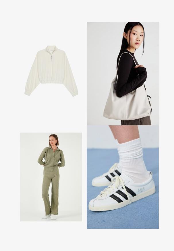 Skraćeni pulover od kremastog materijala, s visokim ovratnikom, zatvaranjem na polovicu munje, elastičnim rubom i manžetama, s glatkom teksturom i minimalnim dizajnom.; Maslinasto zelena, teksturirana pletiva u dva dijela koja se sastoji od košulje s ovratnikom i dugmadi te usklađenih hlača s širim nogavicama, upotpunjeno bijelim tenisicama.; Bijele kožne tenisice s crnim prugama, kremasto bijela potplat i svijetle vezice. Nosi se s bijelim rebrastim čarapama, postavljeno na plavoj pozadini.; Bežna torba od mekog materijala s opuštenim dizajnom, šivanim detaljima i dva remena za rame. Pogodna za svakodnevnu upotrebu.