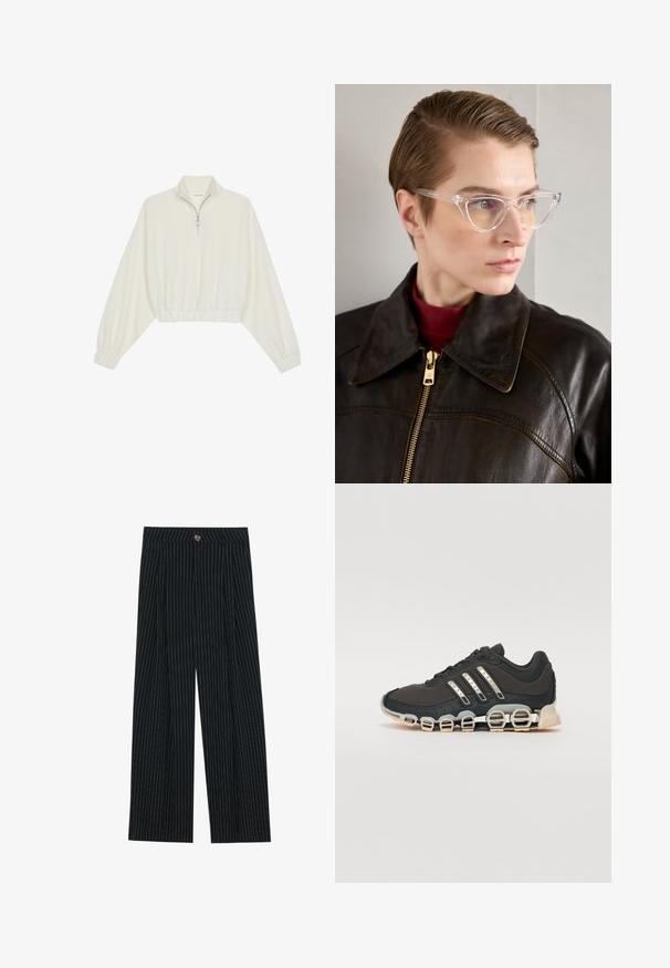 Pulover scurt din stofă crem, cu guler înalt, închidere cu fermoar pe jumătate, elastic la margini și la manșete, cu o textură netedă și un design minimalist.; Pantaloni largi cu dungi negre, confecționați dintr-un material texturat, dotati cu închidere frontală cu nasture și un design pliat pentru un plus de interes.; Pantof cu aspect sport de culoare neagră, cu un superior texturat, trei dungi argintii și o talpă de amortizare distinctivă, ce prezintă multiple secțiuni integrate.; Ochelari cat-eye din acetat transparent, cu lentile galbene, purtați de o persoană într-o jachetă din piele neagră și un pulover roșu. Textură netedă.