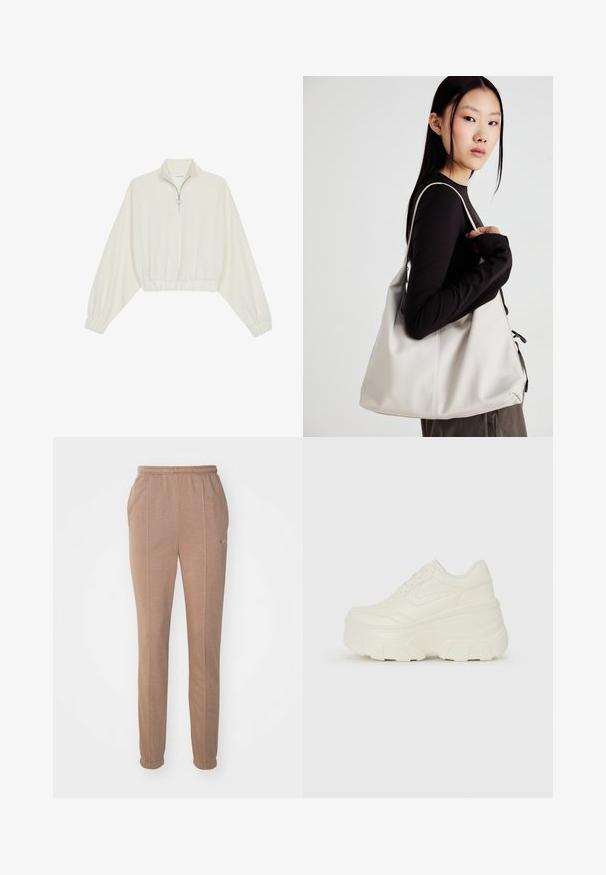 Kreptais pusītes džemperis krēmkrāsā, ar augstu apkakli, puszipa aizdari, elastīgu apakšmalu un aprocēm, ar gludu tekstūru un minimālistisku dizainu.; Brūni sporta bikses ar elastīgu jostasvītu, sānu kabatām, sašaurinātiem galiem un diskrētu Nike logo. Izgatavotas no mīksta, teksturēta materiāla.; Baltie platformas sporta apavi, kas izgatavoti no gludas mākslīgās ādas, ar noapaļotu formu, mīkstu apkakli un teksturētu gumijas zoli ar izteiktiem rakstiem.; Bežs rokassoma, izgatavota no mīksta materiāla, ar brīvu dizainu, izšūtu apdari un divām plecu siksnām. Piemērota ikdienas lietošanai.