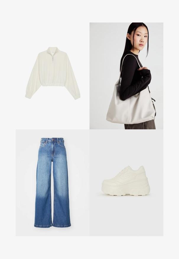 Kreminės spalvos trumpas megztinis, turintis aukštą apykaklę, pusiau užtrauktuką, elastinį apačią irRankovių kraštus, su lygiu paviršiumi ir minimalizuotu dizainu.; Aukšto liemens plačių kojų mėlyni džinsai su priekyje esančia saga, užtrauktuku ir klasikinio penkių kišenių dizainu.; Baltos platformos sportbačiai su lygiu odos primenančiu paviršiumi, apvalia forma, paminkštintu apykakle ir tekstūruotu guminiu padu su ryškiais protektoriais.; Bežinė rankinė, pagaminta iš minkštos medžiagos, turinti laisvą dizainą, siuvinėtas detalės ir dvi petnešos. Tinkama kasdieniam naudojimui.