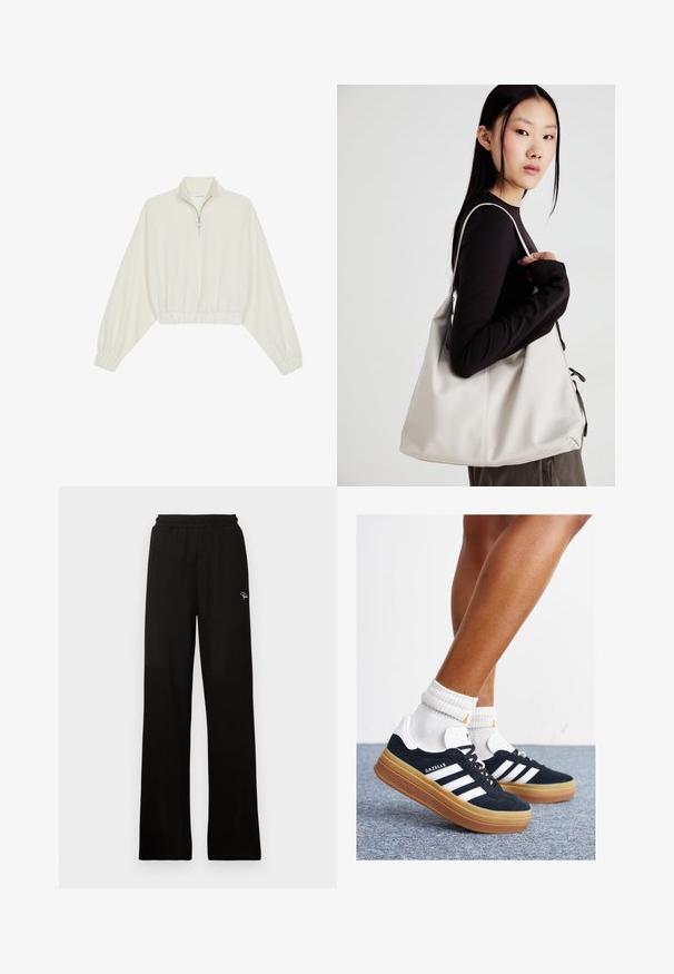 Krém színű, rövidített pulóver, magas gallérral, félig cipzáros záródással, elasztikus derék- és ujjakrésszel, sima textúrával és minimalista dizájnnal.; Fekete bordás, széles szárú nadrág, rugalmas derékkal és apró díszítő logóval, sima textúrával és teljes hosszúsággal.; Fekete velúr sportcipő fehér csíkokkal és díszítésekkel, lekerekített orral, gumitalpú külső résszel, fehér bordázott bokazoknival párosítva.; Puha anyagból készült bézs kézitáska, laza dizájnnal, varrott részletekkel és két vállpánttal. Mindennapi használatra alkalmas.