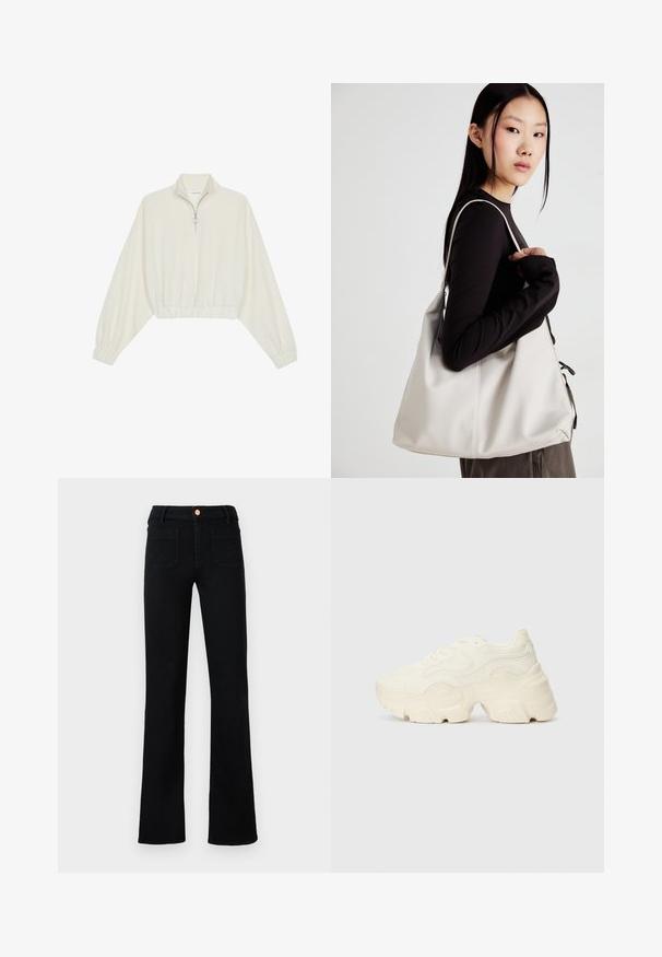 Cropped pullover in cream fabric, featuring a high collar, half-zip closure, elasticated hem and cuffs, with a smooth texture and minimal design.; Black high-waist straight-leg jeans with front patch pockets and a copper button closure on a neutral background.; Chunky white sneakers made of textured mesh and synthetic materials, featuring a thick sole and intricate pattern details along the sides.; Beige handbag made of soft material, featuring a slouchy design, stitched detailing, and two shoulder straps. Suitable for everyday use.