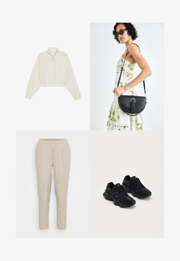 Krém színű, rövidített pulóver, magas gallérral, félig cipzáros záródással, elasztikus derék- és ujjakrésszel, sima textúrával és minimalista dizájnnal.; Vero Moda Petite VMJESMILO ANKLE PANTS - Nadrágok - silver lining; Fekete sportcipők struktúrált felsőrésszel, kiemelkedő "N" logóval, párnázott talppal és letisztult, modern vonalvezetéssel.; Fekete bőrtáska ívelt formával, levehető pánttal és arany színű fémrészekkel. A táskán egy csattal díszített fedél található.