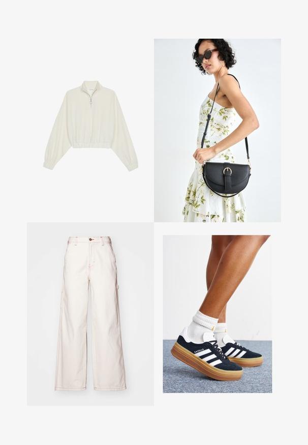 Kreptais pusītes džemperis krēmkrāsā, ar augstu apkakli, puszipa aizdari, elastīgu apakšmalu un aprocēm, ar gludu tekstūru un minimālistisku dizainu.; Plati balti džinsi ar sarkanu šuvju, ar augstu jostas līniju, priekšējo pogu aizdari un sānu kabatām. Tekstūrēta kokvilnas auduma.; Melnas zamšādas sporta kurpes ar baltām svītrām un akcentiem, apaļa purngala daļa, gumijas zole, kopā ar baltām ribotām sporta zeķēm.; Melnas ādas rokassoma ar izliekta formu, noņemamu siksnu un zelta aksesuāriem. Somai ir vāciņš ar sprādzes detaļu.