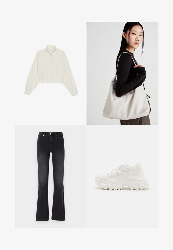 Pullover court en tissu crème, avec un col haut, fermeture éclair à mi-hauteur, ourlet et poignets élastiqués, offrant une texture lisse et un design minimaliste.; Jeans évasés noirs en denim, dotés d'une fermeture à bouton, de cinq poches et d'un léger délavage. Détails cousus le long des coutures.; Baskets blanches épaisses avec un dessus texturé, des panneaux en mesh et des semelles en caoutchouc épaisses avec un motif de semelle prominent. Lacets et tirette inclus.; Sac à main beige en matériau souple, avec un design décontracté, des détails cousus et deux poignées. Idéal pour un usage quotidien.