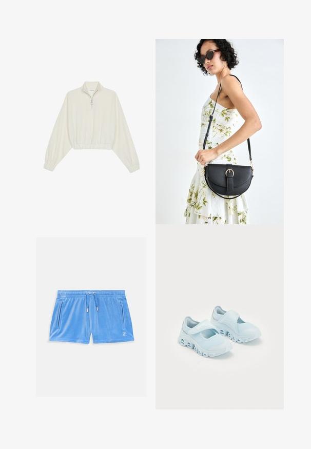 Krém színű, rövidített pulóver, magas gallérral, félig cipzáros záródással, elasztikus derék- és ujjakrésszel, sima textúrával és minimalista dizájnnal.; Világoskék velúr rövidnadrág rugalmas derékkal, zsinórral és két oldalsó cipzáras zsebbel. A combon egy apró hímzett logó található.; Világoskék sportcipők hálós anyagból, hangsúlyos kivágásokkal a talpban, és tépőzáras pánttal a tetején a biztos illeszkedés érdekében.; Fekete bőrtáska ívelt formával, levehető pánttal és arany színű fémrészekkel. A táskán egy csattal díszített fedél található.