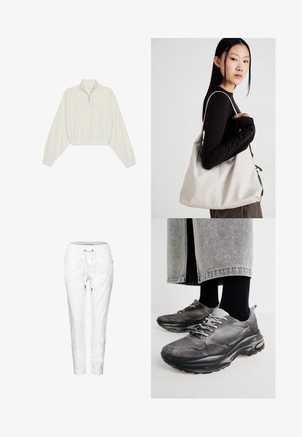 Gerippter Pullover aus cremefarbener Baumwolle mit hohem Kragen, halbem Reißverschluss, elastischen Säumen und Bündchen, glatter Textur und minimalistischem Design.; Weiße, elastische Hose mit Kordelzug, seitlichen Taschen und schmal zulaufenden Beinen; aus einem weichen, leichten Stoff mit glatter Textur.; Schwarze und graue Sportschuhe verfügen über ein Obermaterial aus Mesh, dicke Sohlen und Schnürsenkel. Sie haben eine abgerundete Zehenpartie und sichtbare Dämpfungsdetails.; Beige Handtasche aus weichem Material, mit einem lässigen Design, gesteppten Details und zwei Schulterriemen. Geeignet für den täglichen Gebrauch.