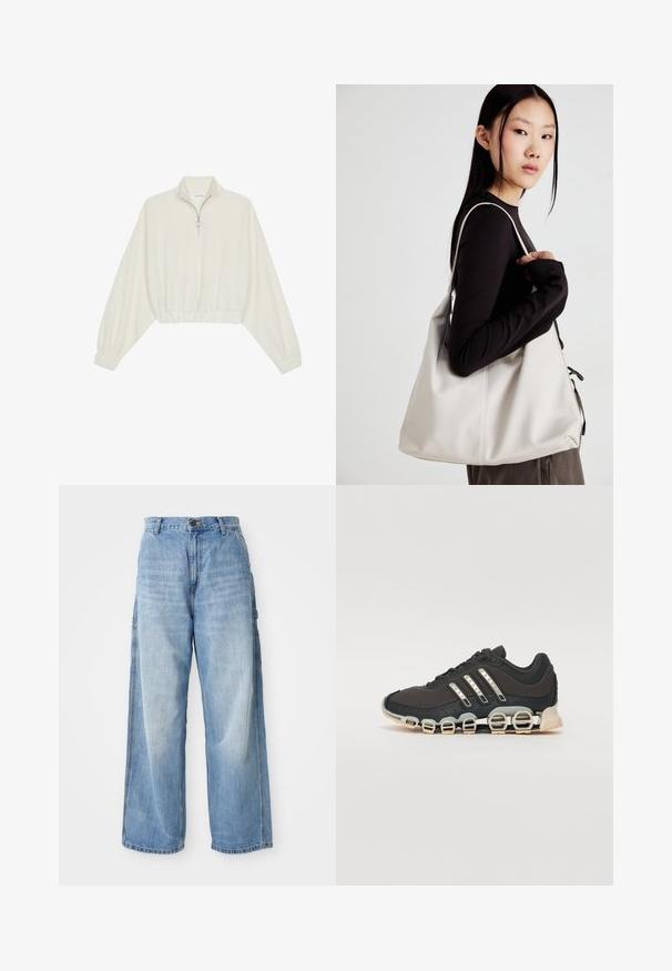 Kratka pulover v kremnem blagu, z visokim ovratnikom, pol-zadrgo, elastičnim robom in manšetami, z gladko teksturo in minimalističnim oblikovanjem.; Svjetloplave široke traperice s visokim strukom, koje imaju bočne džepove i izblijedjeli izgled, izrađene od traper materijala.; Črne športne čevlje z teksturiranim zgornjim delom, tremi srebrnimi črtami in značilno blažilno podplatom, ki vključuje več integriranih delov.; Bežna torbica iz mehkega materiala, z ohlapno zasnovo, šivi in dvema naramnicama. Primerna za vsakodnevno uporabo.