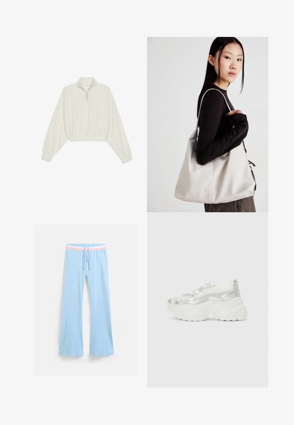 Pullover curto em tecido creme, apresentando um colarinho alto, fecho de meio zíper, bainha e punhos elásticos, com uma textura suave e design minimalista.; Calças de moletom azul claro com corte largo e cintura com cordão. Apresenta um destaque em riscas rosa e branca e um logótipo bordado. Tecido suave.; Sapatilha prateada com um cabedal em malha texturizada e detalhes iridescentes, apresentando uma sola branca robusta e fecho de atacador.; Uma bolsa bege feita de material macio, com um design descontraído, detalhes de costura e duas alças para o ombro. Adequada para uso diário.