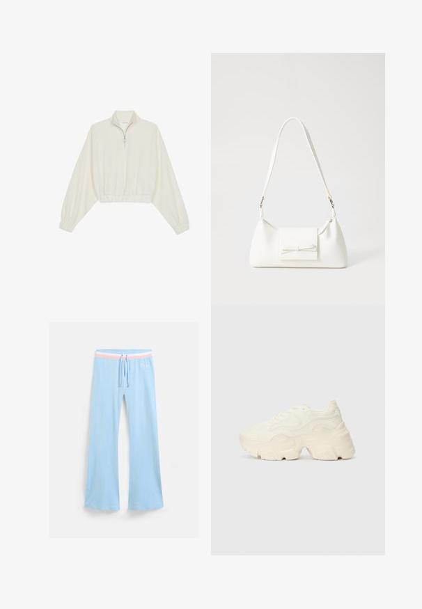 Pullover curto em tecido creme, apresentando um colarinho alto, fecho de meio zíper, bainha e punhos elásticos, com uma textura suave e design minimalista.; Calças de moletom azul claro com corte largo e cintura com cordão. Apresenta um destaque em riscas rosa e branca e um logótipo bordado. Tecido suave.; Sapatilhas brancas chunky feitas de malha texturizada e materiais sintéticos, apresentando uma sola espessa e detalhes de padrão intrincados ao longo dos lados.; Mala sintética branca com formato triangular, aba frontal plana e detalhe de laço, alça ajustável, textura suave e design minimalista.