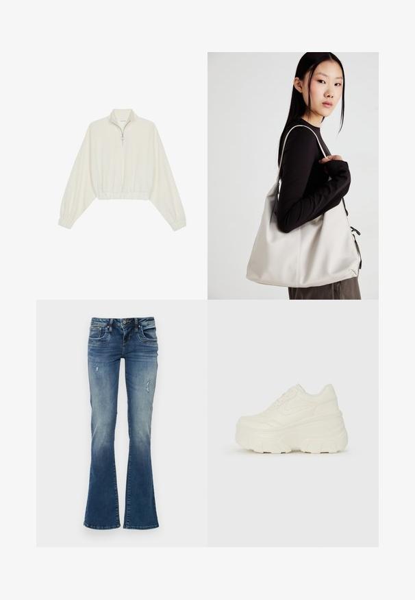 Cropped pullover in cream fabric, featuring a high collar, half-zip closure, elasticated hem and cuffs, with a smooth texture and minimal design.; Denim flared jeans in medium blue with faded areas and distressed detailing. Features five pockets and a zip fly with button closure.; White platform sneakers featuring a smooth leather-like upper, rounded shape, padded collar, and textured rubber sole with defined treads.; Beige handbag made of soft material, featuring a slouchy design, stitched detailing, and two shoulder straps. Suitable for everyday use.