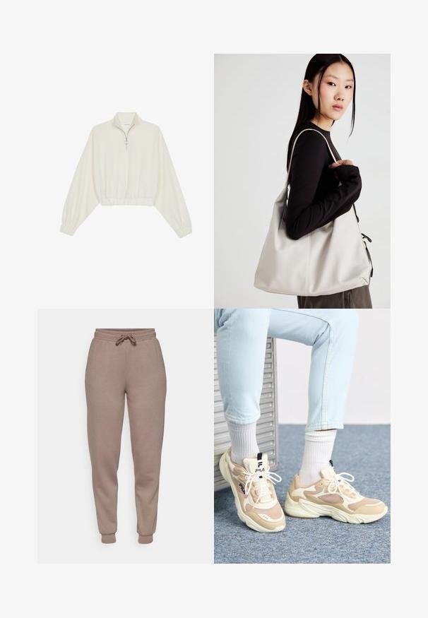 Cropped pullover in cream fabric, featuring a high collar, half-zip closure, elasticated hem and cuffs, with a smooth texture and minimal design.; ONLY Play ONPLOUNGE LIFE REG NOOS - Tracksuit bottoms - walnut; Beige and cream athletic sneakers feature mesh panels, a chunky sole, and contrasting black accents. Worn with white socks and light blue jeans.; Beige handbag made of soft material, featuring a slouchy design, stitched detailing, and two shoulder straps. Suitable for everyday use.