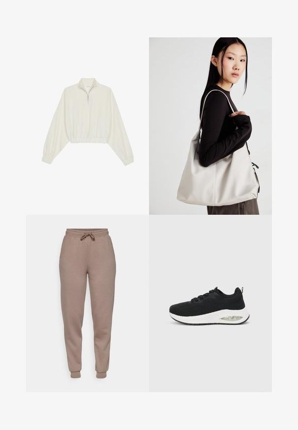 Avkortad tröja i krämfärgad tyg, med hög krage, halvdragkedja, elastisk nederkant och ärmar, med en slät yta och minimalistisk design.; ONLY Play ONPLOUNGE LIFE REG NOOS - Träningsbyxor - walnut; Svart atletisk sneaker med en texturerad stickad ovandel, vit mellansula och synlig luftdämpning. Har svarta snören och en dragflik.; Beige handväska tillverkad av mjukt material, med en avslappnad design, sydda detaljer och två axelremmar. Lämplig för dagligt bruk.