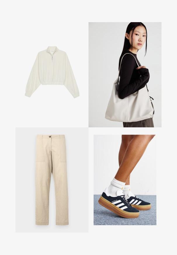 Kratka pulover v kremnem blagu, z visokim ovratnikom, pol-zadrgo, elastičnim robom in manšetami, z gladko teksturo in minimalističnim oblikovanjem.; Bežna bombažna hlače s ravnim krojem, ki imajo sprednje žepke, gumbasto zapiranje in obrezane robove. Gladka tekstura in minimalističen dizajn.; Črni antilop superge z belimi črtami in poudarki, okrogel prst, gumijasti podplat, kombinirane z belimi rebrastimi nogavicami.; Bežna torbica iz mehkega materiala, z ohlapno zasnovo, šivi in dvema naramnicama. Primerna za vsakodnevno uporabo.