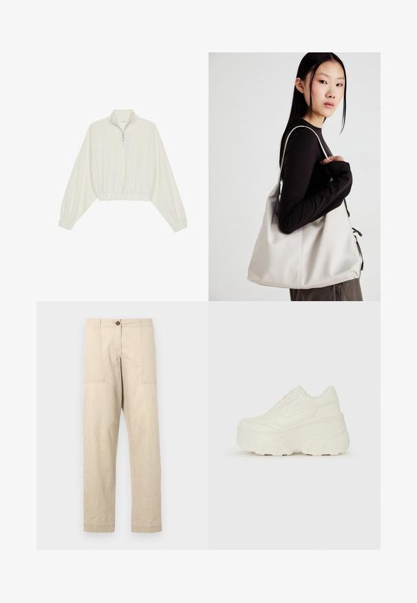 Kreminės spalvos trumpas megztinis, turintis aukštą apykaklę, pusiau užtrauktuką, elastinį apačią irRankovių kraštus, su lygiu paviršiumi ir minimalizuotu dizainu.; Kreminės spalvos medvilninės kelnės tiesaus kirpimo, su šoninėmis kišenėmis, mygtuko uždarymu ir apkaustais. Glotni tekstūra ir minimalistinis dizainas.; Baltos platformos sportbačiai su lygiu odos primenančiu paviršiumi, apvalia forma, paminkštintu apykakle ir tekstūruotu guminiu padu su ryškiais protektoriais.; Bežinė rankinė, pagaminta iš minkštos medžiagos, turinti laisvą dizainą, siuvinėtas detalės ir dvi petnešos. Tinkama kasdieniam naudojimui.