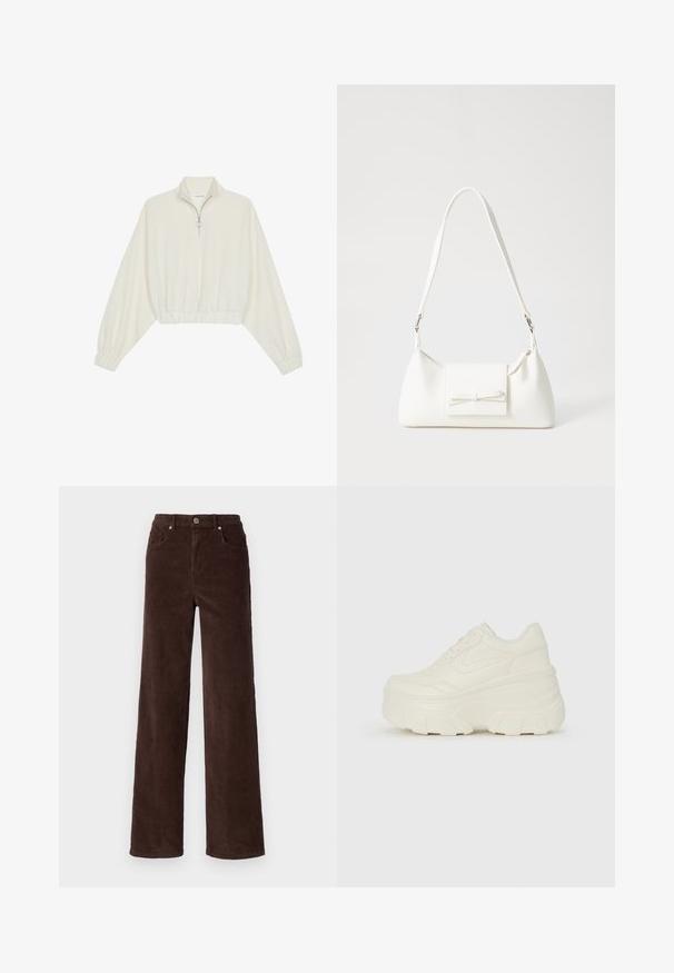Cropped pullover in cream fabric, featuring a high collar, half-zip closure, elasticated hem and cuffs, with a smooth texture and minimal design.; Vero Moda VMTESSA WIDE PANTS - Trousers - chocolate torte; White platform sneakers featuring a smooth leather-like upper, rounded shape, padded collar, and textured rubber sole with defined treads.; White synthetic handbag with a triangular shape, flat front flap and bow detail, adjustable strap, smooth texture, and minimalistic design.