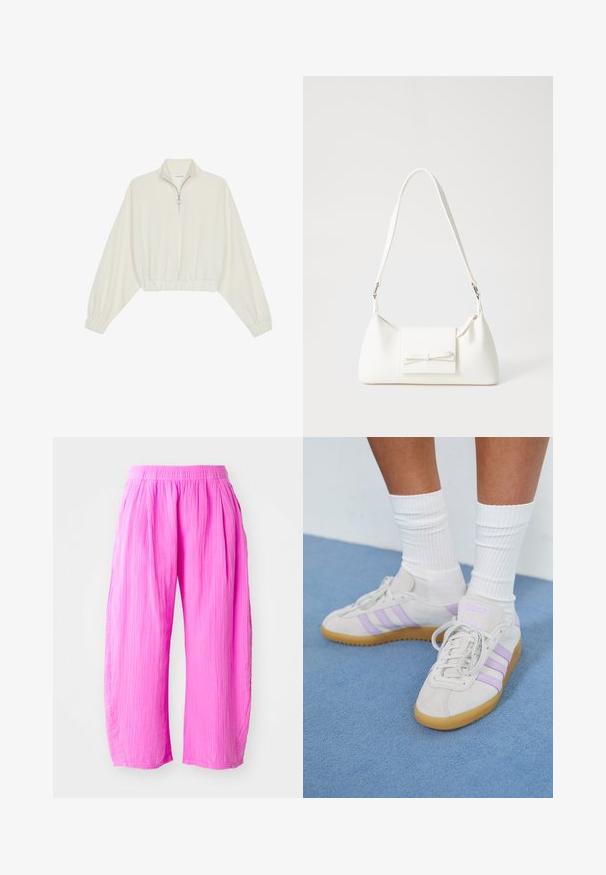 Kreminės spalvos trumpas megztinis, turintis aukštą apykaklę, pusiau užtrauktuką, elastinį apačią irRankovių kraštus, su lygiu paviršiumi ir minimalizuotu dizainu.; Rožinės plataus kirpimo kelnės, pagamintos iš tekstūruoto audinio, su elastinga juosmens juosta ir šoninėmis siūlėmis, užtikrinančiomis patogų prigludimą.; Šviesiai pilki zomšiniai sportbačiai su trimis alyvinėmis juostelėmis, guminis padas, plokščios raišteliai ir balti smulkūs raišteliai. Fonas mėlynas.; Balta sintetinė rankinė trikampio formos, plokščiu priekiu su užsegimu, kaspino detale, reguliuojama dirželiu, lygia tekstūra ir minimalistišku dizainu.