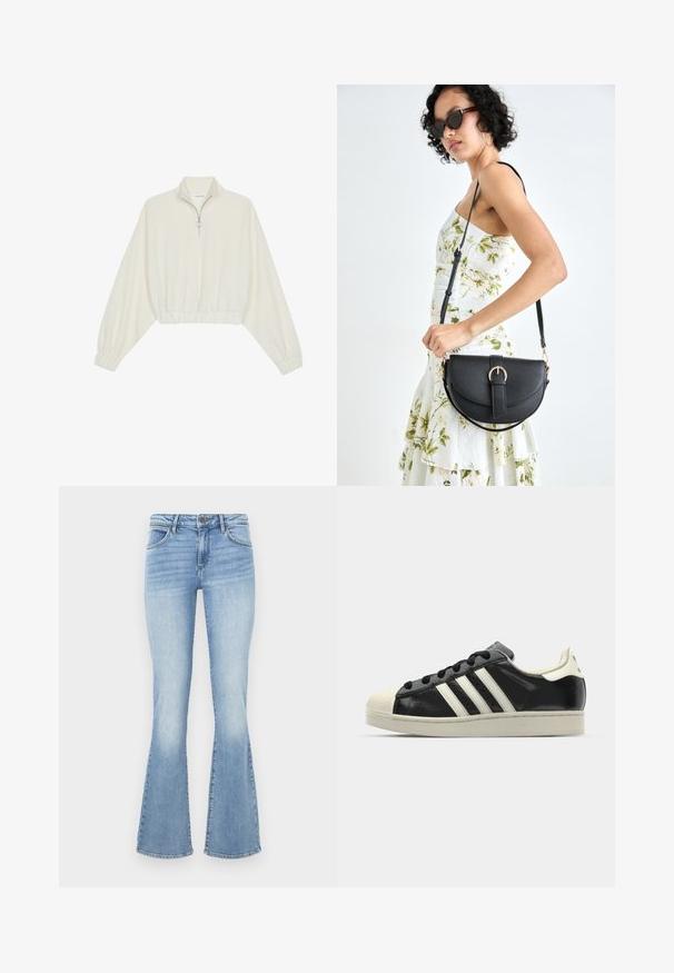 Geknipt pullover in crèmekleurige stof, met een hoge kraag, halve rits, elastische zoom en manchetten, met een soepele textuur en minimalistisch ontwerp.; Lichtblauwe flared jeans van denim. Beschikt over een traditionele vijf-pocketontwerp en een rits met een knoopsluiting. Vervaagde effecten op de dijen.; Zwarte leren sneaker met witte strepen, rubberen teenbescherming, zwarte veters en een crèmekleurige loopzool. Glad oppervlak met een glanzende afwerking.; Zwarte leren handtas met een gebogen vorm, afneembare schouderband en gouden hardware. De tas heeft een klep met een gespsluiting.