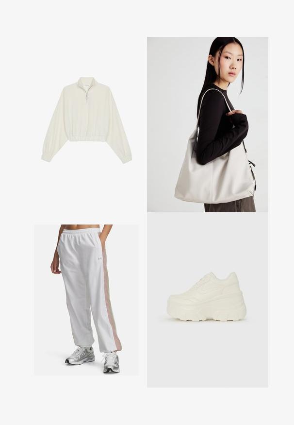 Geknipt pullover in crèmekleurige stof, met een hoge kraag, halve rits, elastische zoom en manchetten, met een soepele textuur en minimalistisch ontwerp.; Witte sportbroek met een elastische tailleband, voorzien van pastelroze en beige zijstrepen. Gemaakt van lichtgewicht, soepel materiaal.; Witte platform sneakers met een gladde leren bovenkant, afgeronde vorm, gewatteerde kraag en een gestructureerde rubberen zool met duidelijke profiel.; Beige handtas gemaakt van zacht materiaal, met een slonzig ontwerp, gestikte details en twee schouderbanden. Geschikt voor dagelijks gebruik.