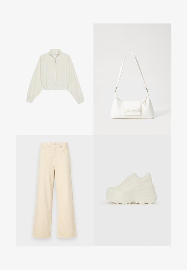 Krém színű, rövidített pulóver, magas gallérral, félig cipzáros záródással, elasztikus derék- és ujjakrésszel, sima textúrával és minimalista dizájnnal.; Bézs, széles lábú farmernadrág, pamutból készült. Gombos záródással, övhurkokkal és elülső zsebekkel rendelkezik, sima, puha tapintással.; Fehér platform sportcipők, sima bőrszerű felsőrésszel, kerek formával, párnázott bokával és texturált gumitalppal, jól definiált mintázattal.; Fehér szintetikus kézitáska, háromszög alakú, lapos előlap, masni részlettel, állítható pánttal, sima textúrával és minimalista dizájnnal.