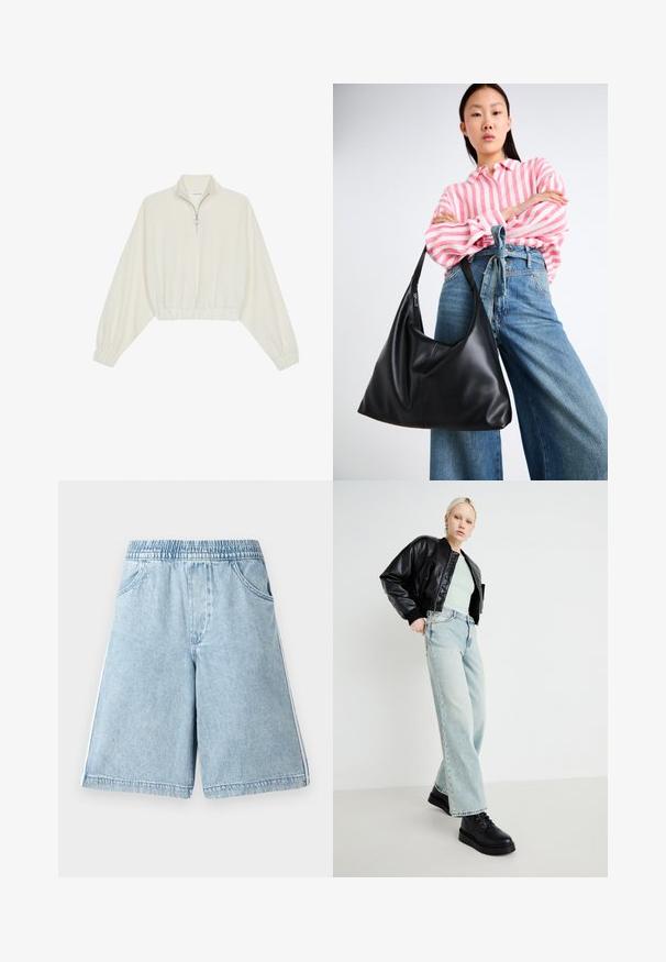 Kreptais pusītes džemperis krēmkrāsā, ar augstu apkakli, puszipa aizdari, elastīgu apakšmalu un aprocēm, ar gludu tekstūru un minimālistisku dizainu.; Gaiši zili džinsu šorti ar elastīgu jostasvietu, sānu kabatām un baltām sānos esošām svītrām, ar brīvu piegriezumu un gludu tekstūru.; Melna ādas bomber jaka, piparmētru zaļš krekls, gaiši zili platajā kājās džinsi un melni saites apavi, uz minimālisma fona.; Melnas ādas plecu soma ar vaļīgu formu un šuvju detaļām. Modelis valkā rozā un baltu svītrainu kreklu ar plaša kāju ziliem džinsiem.