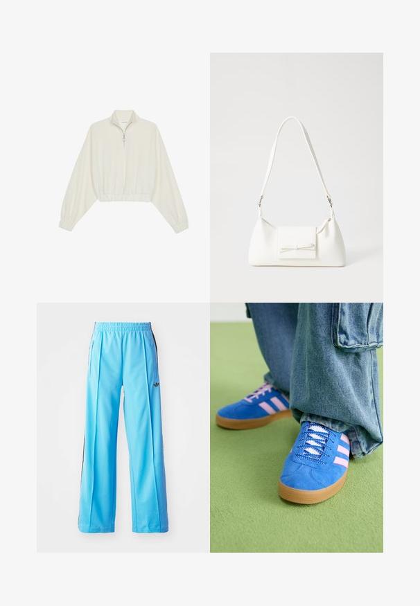 Pulover scurt din stofă crem, cu guler înalt, închidere cu fermoar pe jumătate, elastic la margini și la manșete, cu o textură netedă și un design minimalist.; Pantaloni atletici de culoare albastru deschis, cu un talie elastică, fermoare laterale și accente negre pe laterale. Material moale, cu un design lejer și pantaloni largi.; Pantofi din piele întoarsă albaștri cu dungi roz și șireturi albe, având o talpă din cauciuc gumat, asortați cu pantaloni din denim largi pe o suprafață verde.; Geantă sintetică albă, cu formă triangulară, capac frontal plat și detaliu cu fundă, curea ajustabilă, textură netedă și design minimalist.