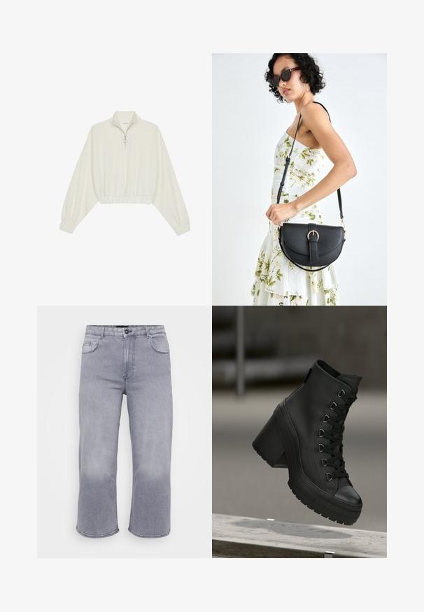 Kreminės spalvos trumpas megztinis, turintis aukštą apykaklę, pusiau užtrauktuką, elastinį apačią irRankovių kraštus, su lygiu paviršiumi ir minimalizuotu dizainu.; Pilkai džinsai su trumpu plačiu kojų dizainu, penkios kišenės, mygtukų užsegimas ir subtilus nusidėvėjimo raštas audinyje.; Juodos aukštos platformos aulinukai su tekstūruota oda, priekyje su raišteliais ir storu kulnu. Yra guminis padas su išskirtiniais protektoriaus raštais.; Juodas odinis krepšys su išlenkta forma, nuimamu dirželiu ir auksiniais detalėmis. Krepšys turi kilpą su sagtimi.