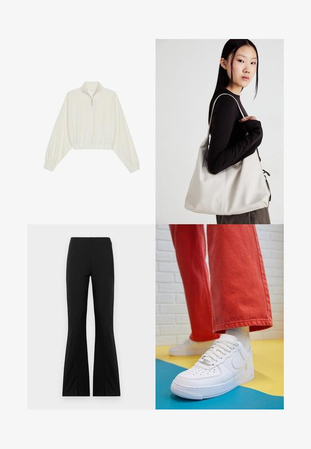 Kreptais pusītes džemperis krēmkrāsā, ar augstu apkakli, puszipa aizdari, elastīgu apakšmalu un aprocēm, ar gludu tekstūru un minimālistisku dizainu.; Melni izplekti bikses, izgatavotas no elastīgas auduma, ar gludu tekstūru, pielāgotu piegriezumu un sadalītu apakšmalu dizainu.; Baltās ādas kedas ar perforētu purngalu, teksturētu zoli un baltām auklām, apvienotas ar platām sarkanām biksēm un zilu un dzeltenu fona.; Bežs rokassoma, izgatavota no mīksta materiāla, ar brīvu dizainu, izšūtu apdari un divām plecu siksnām. Piemērota ikdienas lietošanai.