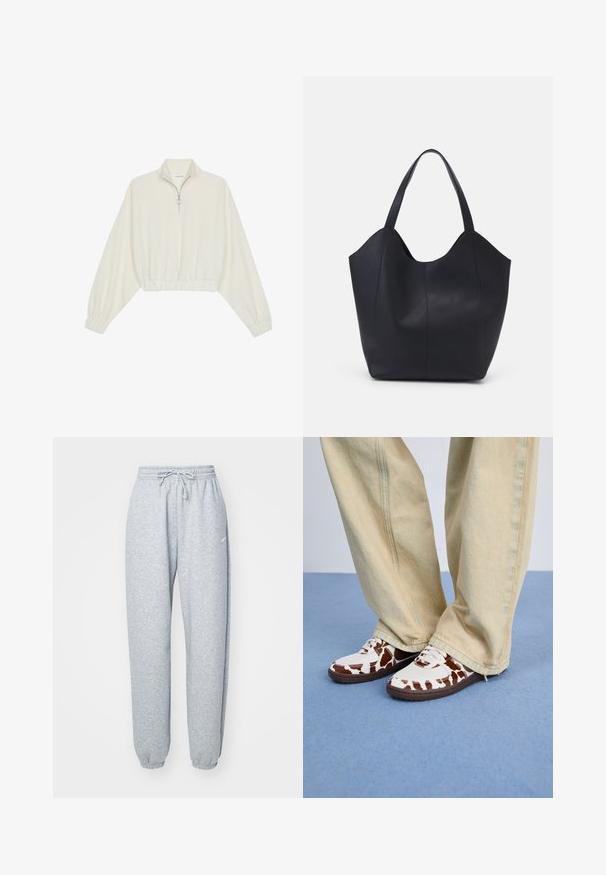 Kreptais pusītes džemperis krēmkrāsā, ar augstu apkakli, puszipa aizdari, elastīgu apakšmalu un aprocēm, ar gludu tekstūru un minimālistisku dizainu.; Gai pelēki sporta bikses, izgatavotas no mīksta kokvilnas maisījuma, ar elastīgu jostasvietu un auklu, sašaurinātām kājām un ribotām piedurknēm. Minimāls zīmola akcenti.; Baltie un brūnie zīmējumu kedu pāris ar acs un ādas materiālu, aprīkoti ar brūniem gumijas zoliem. Saskaņotas ar gaismas bēšām platu kāju biksēm.; Melnas rokassomas, kas izgatavota no gludas ādas, ar izliekto atvērto augšu, divām plecu jostām un minimālistisku dizainu.