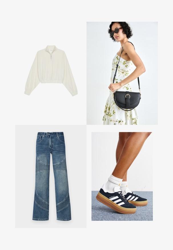 Kort genser i kremfarget stoff, med høy krage, halv glidelås, elastisk nederste kant og mansjetter, med en glatt tekstur og minimalistisk design.; Høyt liv blå denimjeans med vide ben, som har buede sømdetaljer og ribbede seksjoner på nedre del. Casual stil.; Svarte sneakers i semsket skinn med hvite striper og detaljer, rund tå, yttersåle i gummigummi, kombinert med hvite ribbestrikkede crew-sokker.; Svart lærveske med en buet form, avtagbar stropp og gullbeslag. Vesken har et klaff med spenne-detall.