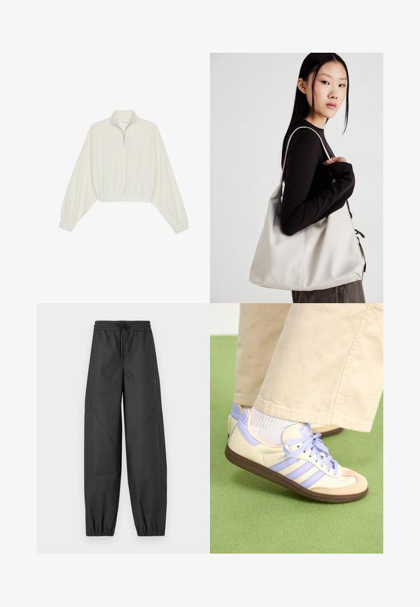 Kort genser i kremfarget stoff, med høy krage, halv glidelås, elastisk nederste kant og mansjetter, med en glatt tekstur og minimalistisk design.; Sorte, løstsittende treningbukser med elastisk linning og snor. Har smalnende mansjetter og flate sømmer for en glatt finish.; Kremfargede og lavendelfargede joggesko med tre striper og en teksturert brun såle, med lisser og en polstret hæl. Mykt stofføvre.; Beige håndveske laget av mykt materiale, med en slapp design, sydd detaljer og to skulderstropper. Passer for daglig bruk.