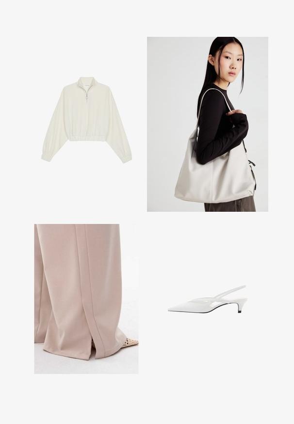 Skórzany pulower w kolorze kremowym, z wysokim kołnierzem, półzamkiem, elastycznym wykończeniem u dołu i mankietami, o gładkiej teksturze i minimalistycznym designie.; Jasno beżowe spodnie w szerokim kroju o miękkiej fakturze i delikatnych detalach plis, lekko rozszerzane na końcach, zestawione z plecionymi beżowymi butami.; Biała szpilka na odkrytej pięcie z ostrym noskiem, charakteryzująca się gładką cholewką, subtelnymi wycięciami i niskim obcasem w kształcie bloku. Czarna podeszwa podkreśla design.; Beżowa torebka wykonana z miękkiego materiału, charakteryzująca się luźnym fasonem, wyszywanymi detalami i dwoma uchwytami na ramię. Idealna na co dzień.