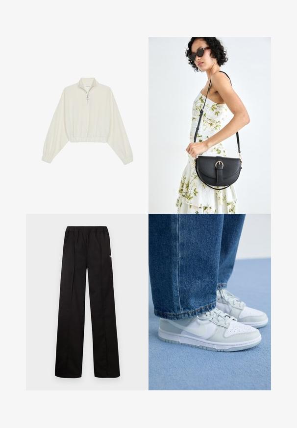 Kreptais pusītes džemperis krēmkrāsā, ar augstu apkakli, puszipa aizdari, elastīgu apakšmalu un aprocēm, ar gludu tekstūru un minimālistisku dizainu.; Melnas, platajās biksēs ar elastīgu jostu. Izgatavotas no mīksta materiāla ar minimālu detaļu skaitu, uz vienas puses ir neliels logotips.; Nike sporta apavi balta un gaiši pelēka āda ar perforētu degunu, plakaniem kurpju šņorēm un gumijas zoli, saskaņoti ar zilu džinsu biksēm.; Melnas ādas rokassoma ar izliekta formu, noņemamu siksnu un zelta aksesuāriem. Somai ir vāciņš ar sprādzes detaļu.