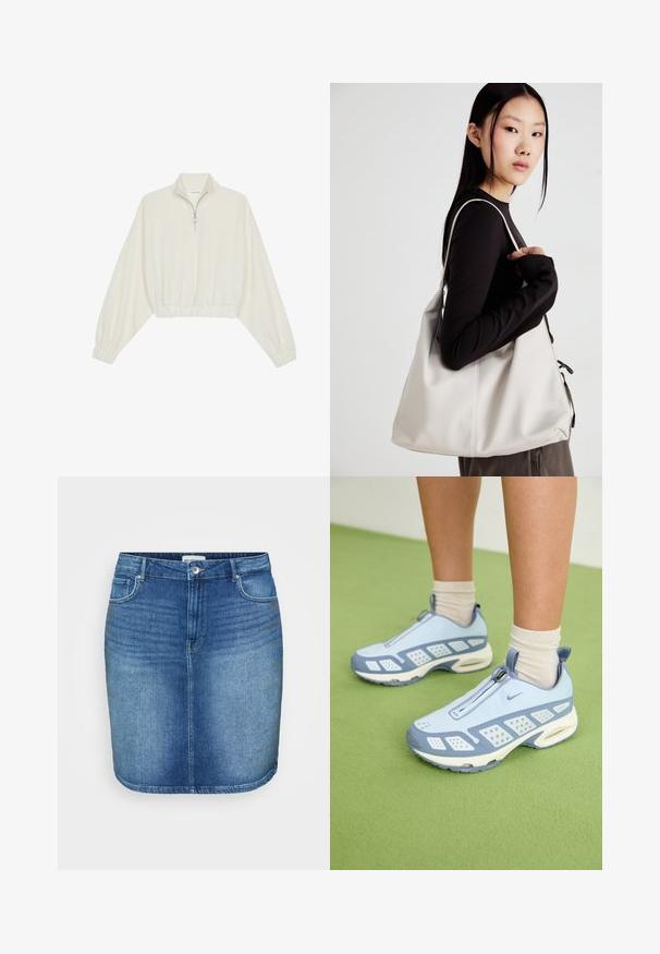 Pullover curto em tecido creme, apresentando um colarinho alto, fecho de meio zíper, bainha e punhos elásticos, com uma textura suave e design minimalista.; Saia de ganga em lavagem azul média com um design ajustado, corte reto, estilo de cinco bolsos e uma cintura com fecho de botão na frente.; Sapatos de desporto azul claro com acabamento branco, painéis texturizados e fecho de zíper. Apresentam uma sola com amortecimento visível e sola em borracha.; Uma bolsa bege feita de material macio, com um design descontraído, detalhes de costura e duas alças para o ombro. Adequada para uso diário.