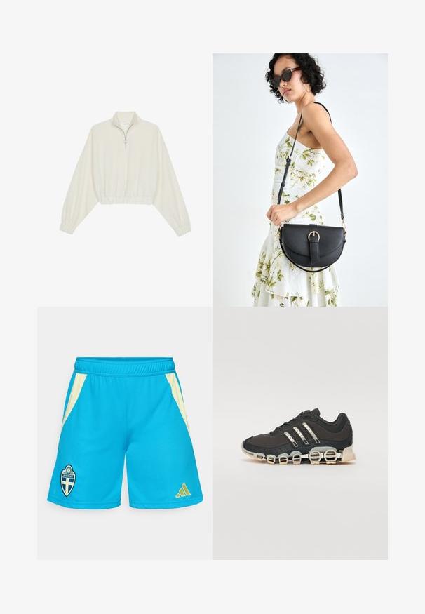 Pullover curto em tecido creme, apresentando um colarinho alto, fecho de meio zíper, bainha e punhos elásticos, com uma textura suave e design minimalista.; Calções de desporto turquesa com detalhes amarelos, apresentando um logótipo bordado da Sverige e a marcação em três riscas da Adidas na lateral.; Shoe desportivo preto com um upper texturizado, três riscas prateadas e uma sola de amortecimento distinta, apresentando múltiplas secções integradas.; Bolsa de couro preta com forma curva, alça destacável e detalhes em dourado. A bolsa possui uma aba com detalhe de fivela.