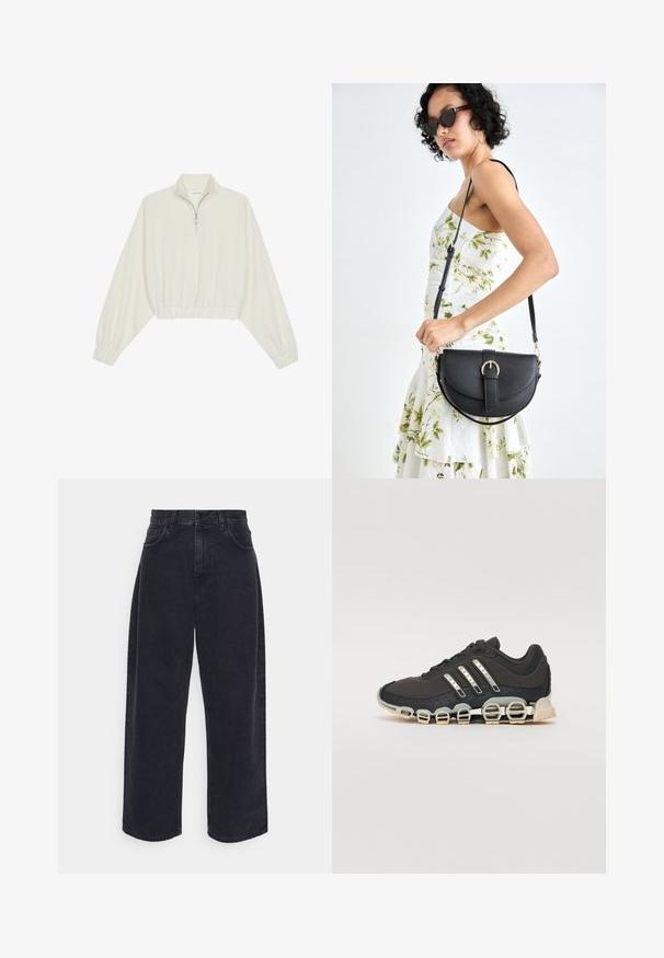 Skórzany pulower w kolorze kremowym, z wysokim kołnierzem, półzamkiem, elastycznym wykończeniem u dołu i mankietami, o gładkiej teksturze i minimalistycznym designie.; Czarne, wysokie dżinsy o szerokich nogawkach z denimu, wyposażone w pięć kieszeni, z zapięciem na guzik i subtelnymi detalami na szwach.; Czarne sportowe buty z teksturowaną cholewką, trzema srebrnymi paskami i charakterystyczną podeszwą z amortyzacją, składającą się z wielu zintegrowanych sekcji.; Czarna skórzana torebka o zakrzywionym kształcie, z odpinanym paskiem i złotymi akcentami. Torebka posiada klapę z zapięciem w kształcie klamry.